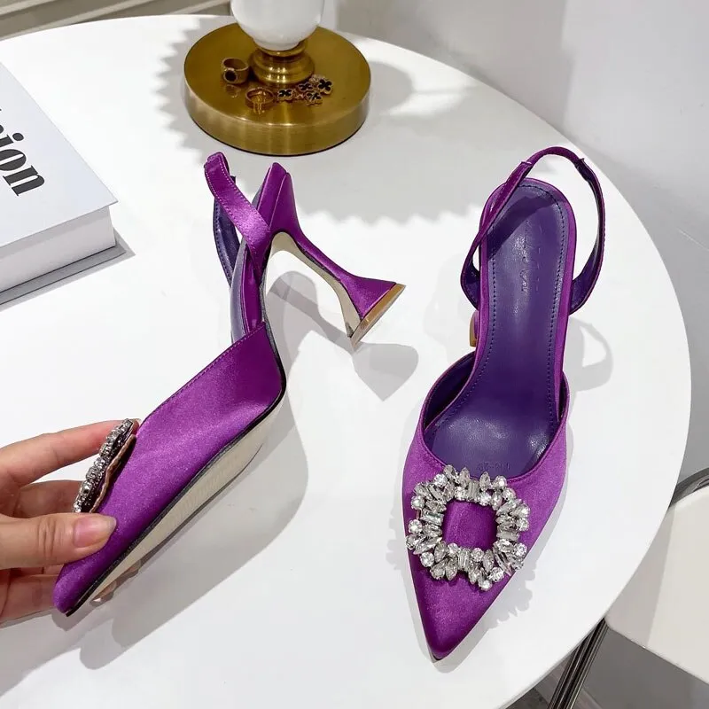 Purpdrank - Purple/Green Women Pumps Luxury Crystal High Heel Slingbacks Summer Bride Shoes Comfortable Triangle Heel Wedding Shoes 35-41