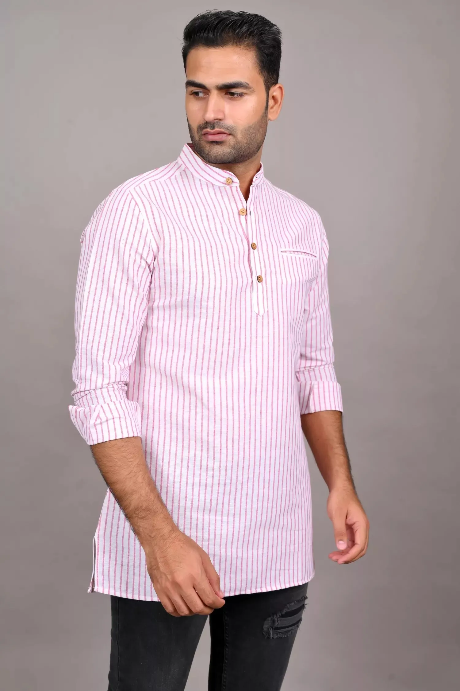 Red And White Striped Short Kurta