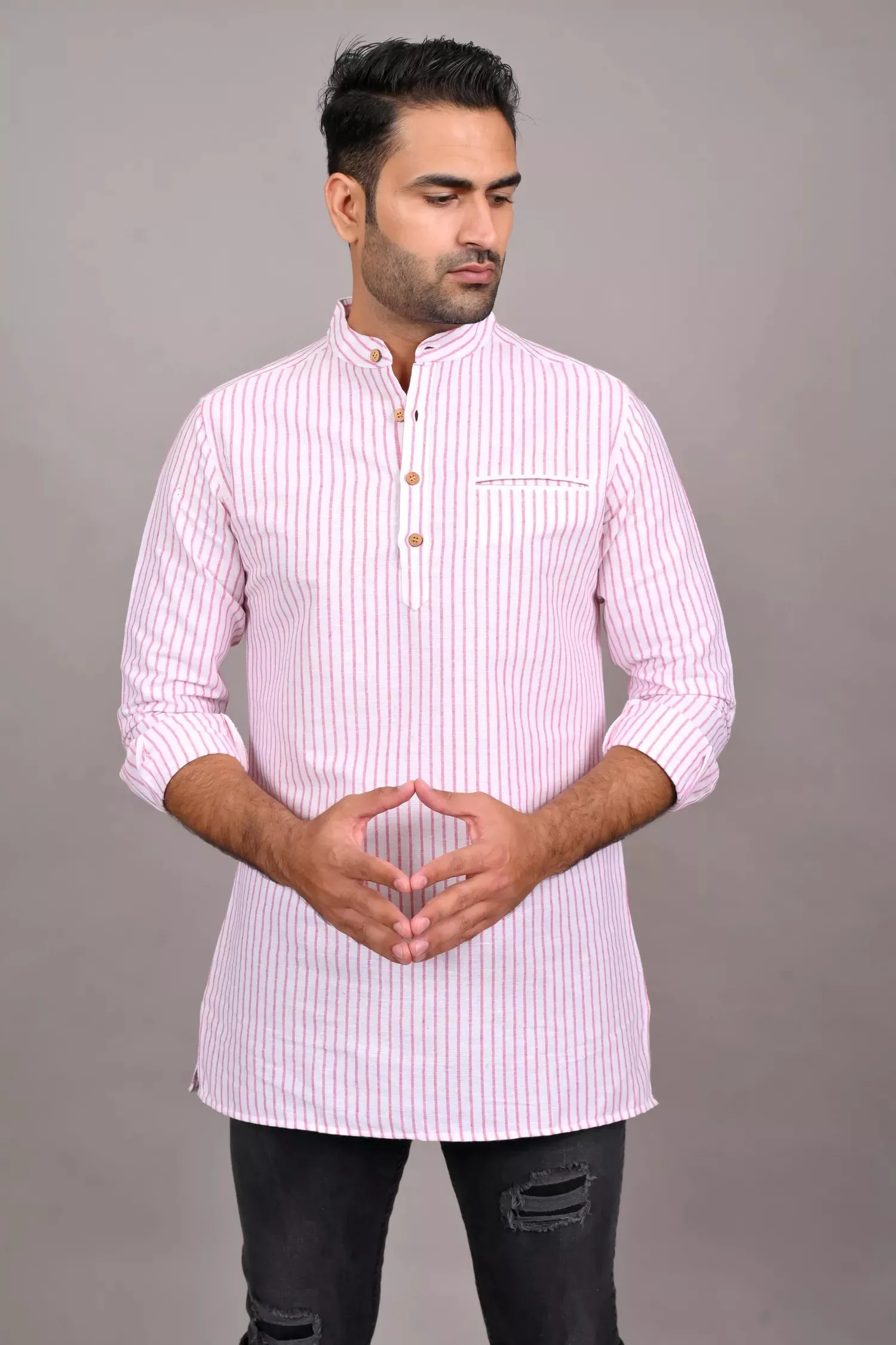 Red And White Striped Short Kurta