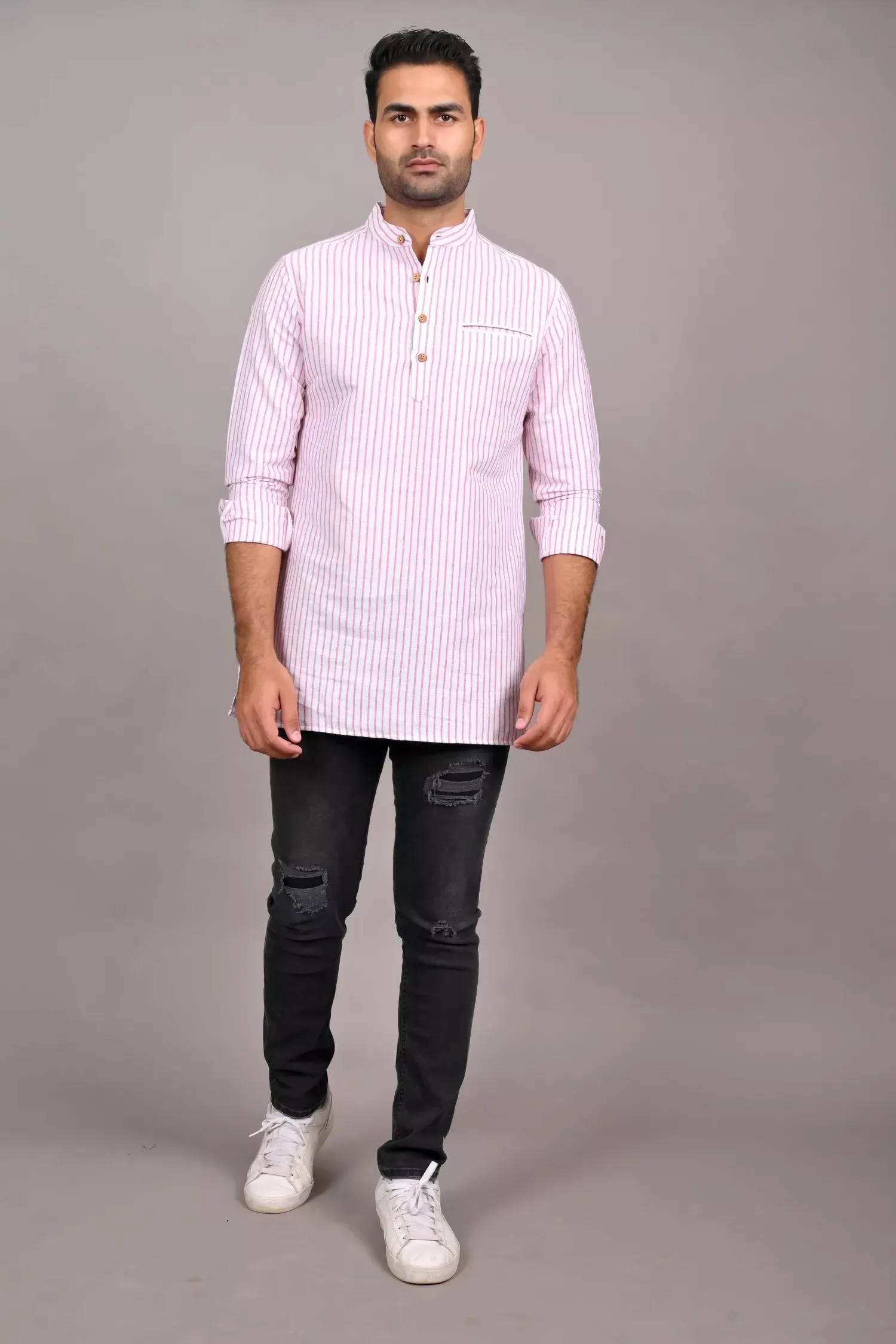 Red And White Striped Short Kurta