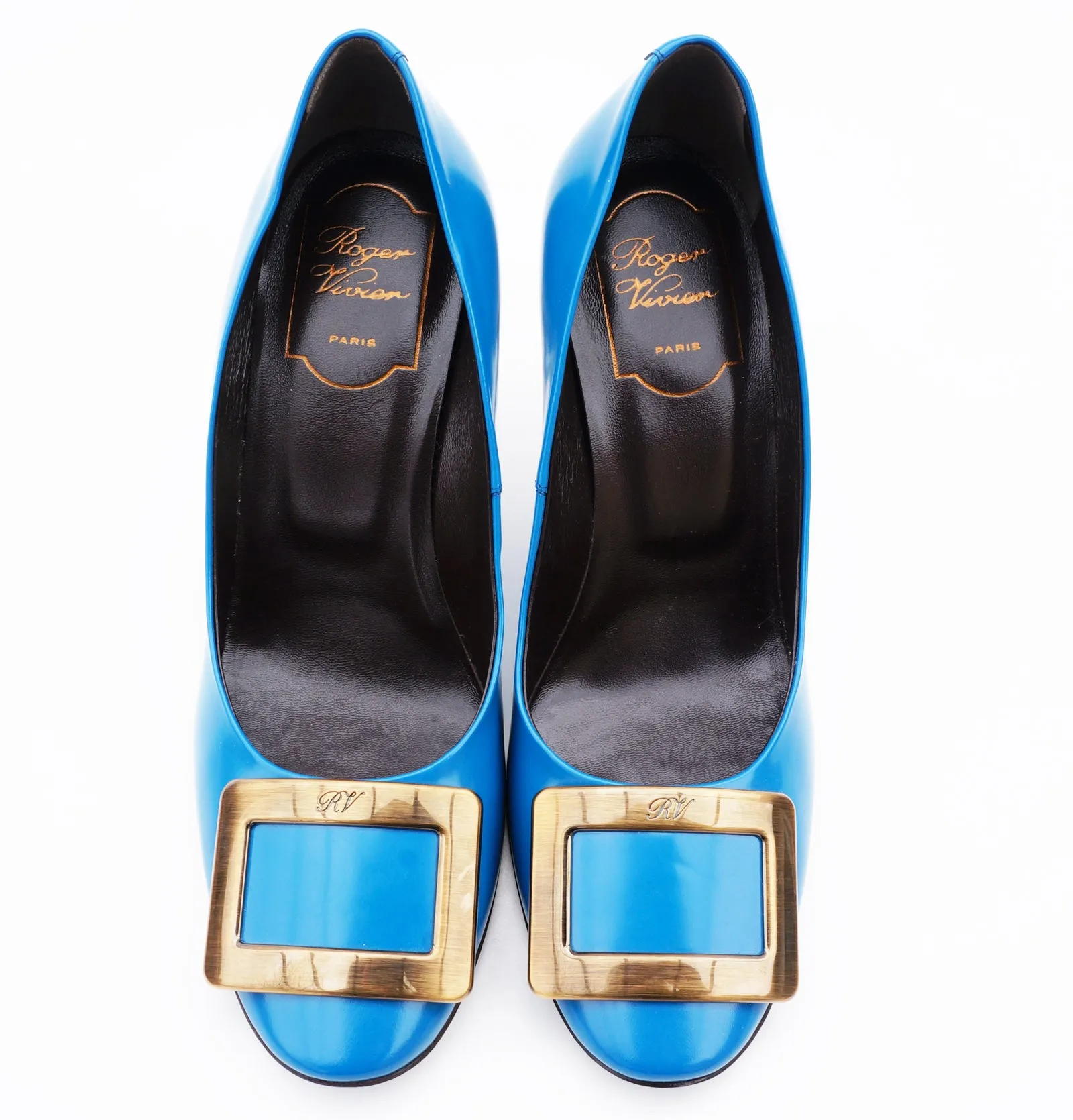 ROGER VIVIER BLUE PATENT LEATHER BUCKLE PUMPS