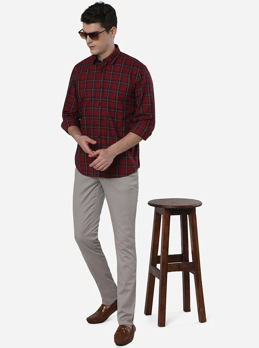 Ruby Wine Checked Slim Fit Casual Shirt | Greenfibre