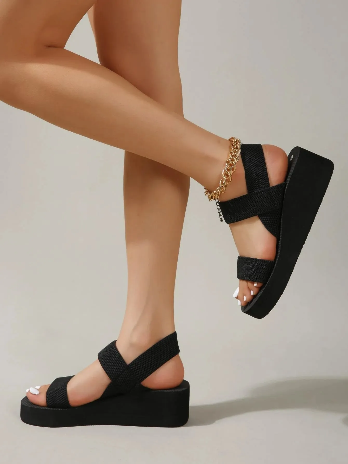 SHEIN Women Ankle Strap Sandals, Elegant Black Fabric Wedge Sandals