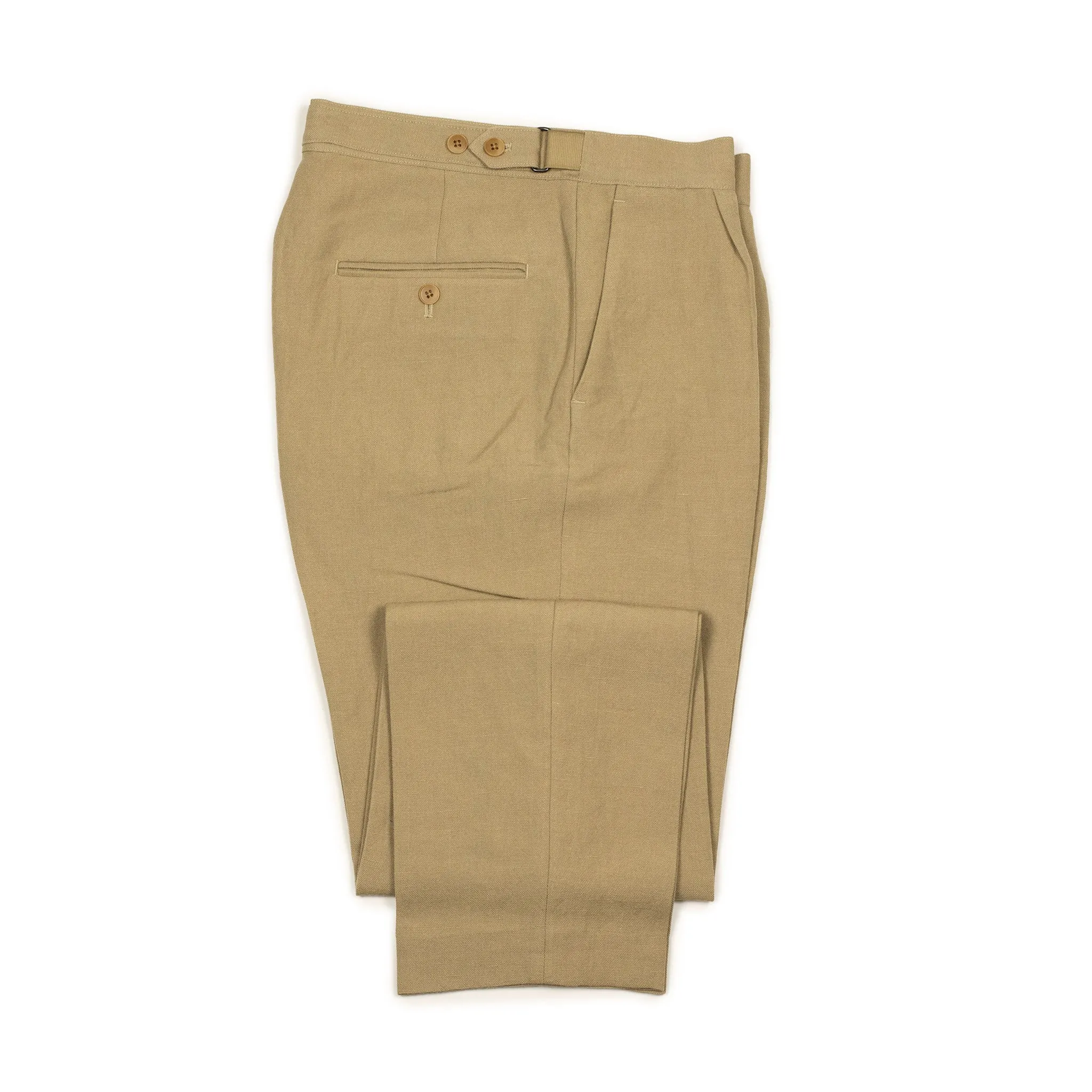 Side tab pleated trousers in camel color soft wool and linen oxford