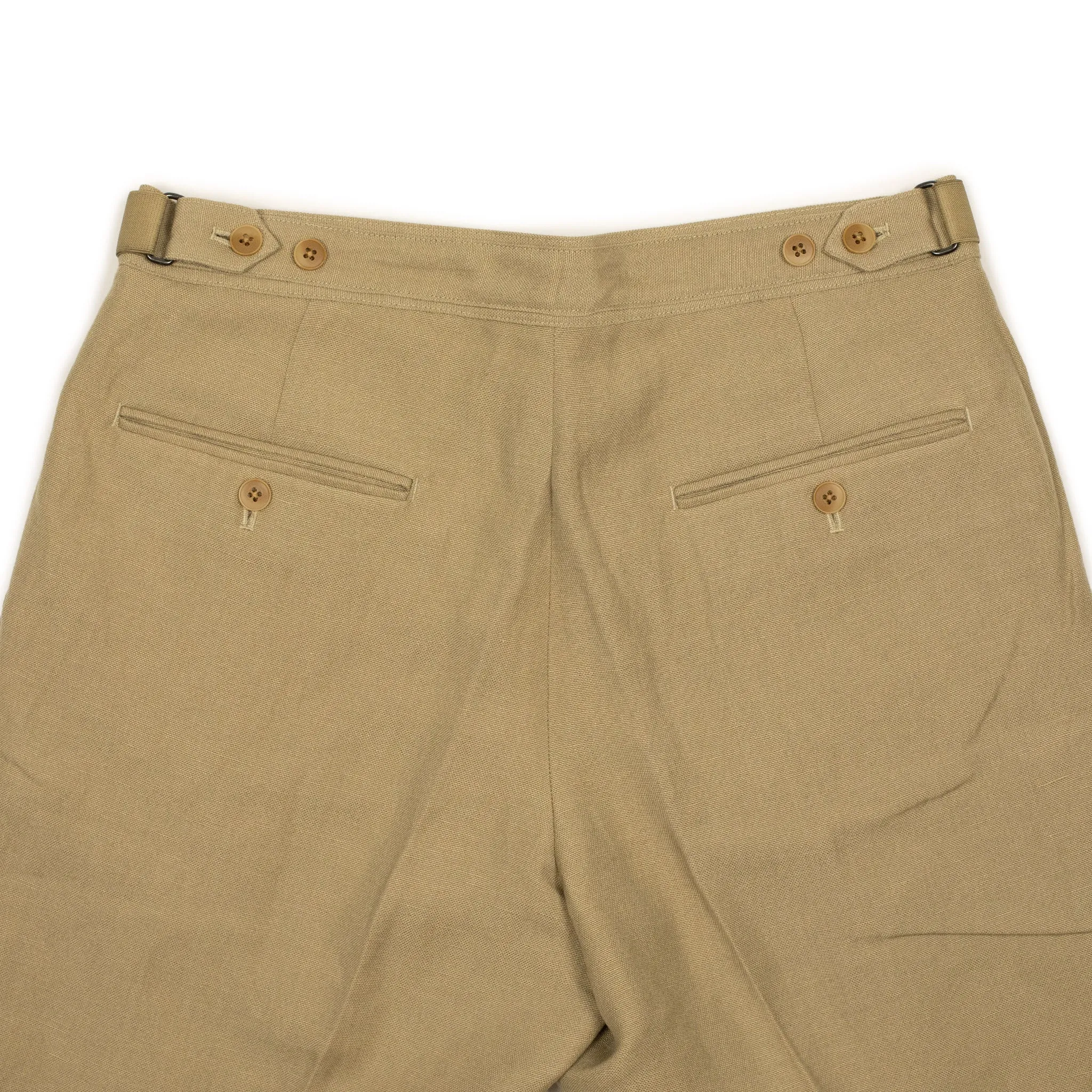 Side tab pleated trousers in camel color soft wool and linen oxford