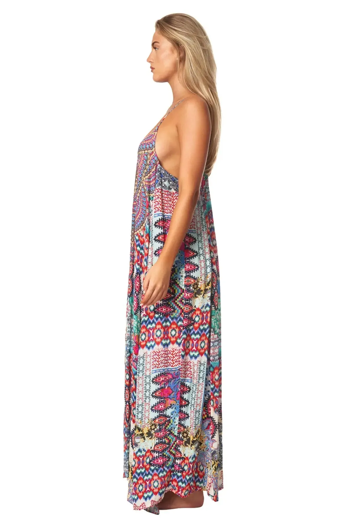 Tribal Ikat Elegant Maxi Pocket Dress in Viscose Silk