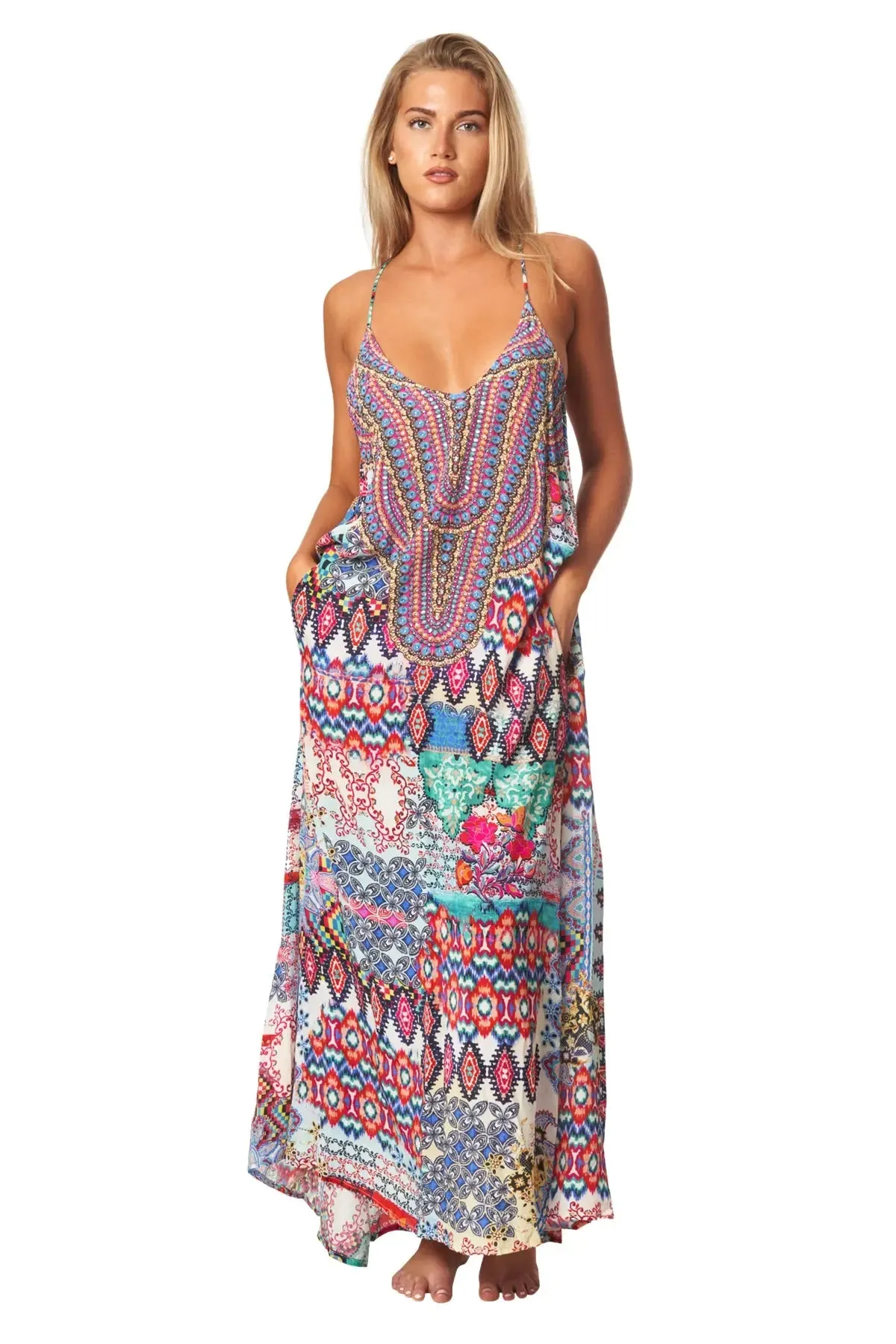 Tribal Ikat Elegant Maxi Pocket Dress in Viscose Silk