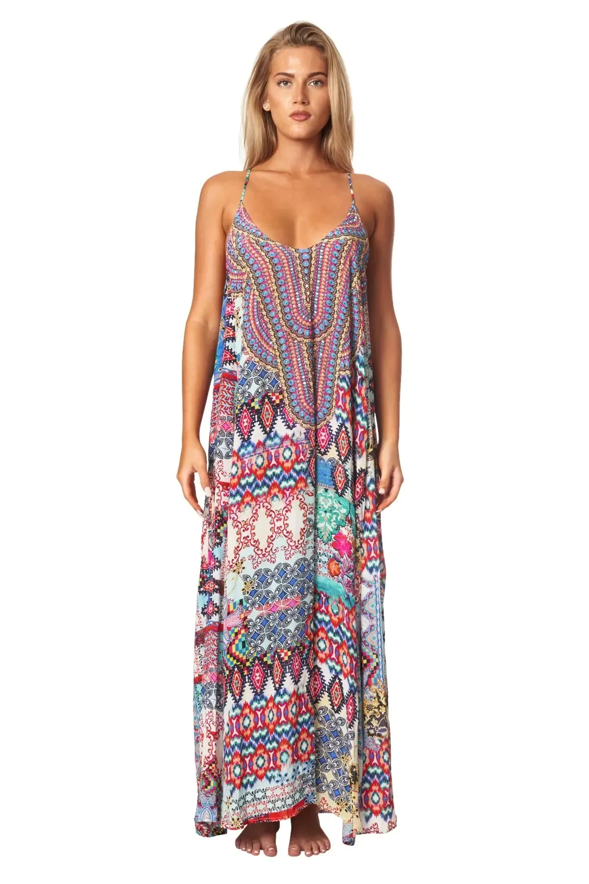 Tribal Ikat Elegant Maxi Pocket Dress in Viscose Silk