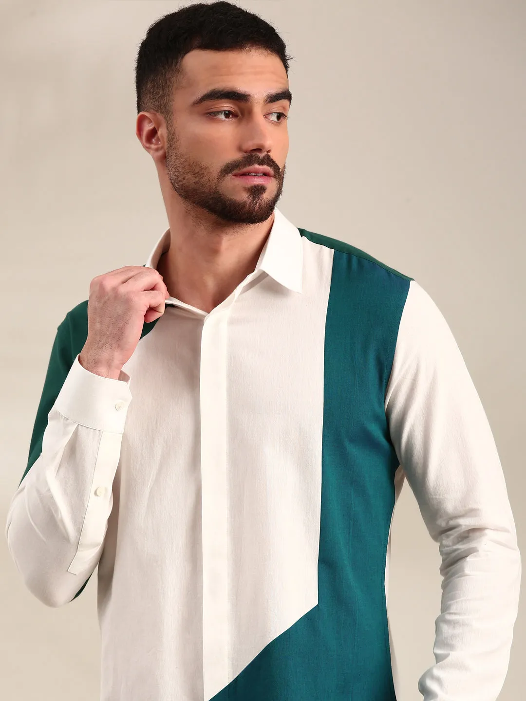 White , Green & Blue  Panelled Cotton Shirt - MM0890