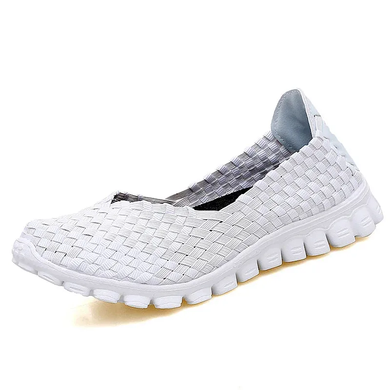 Women Shoes Summer Casual Flats Breathable Female Sneakers Woven Walking Shoes Slip On Ladies Loafers Handmade Shoes Size 35-40