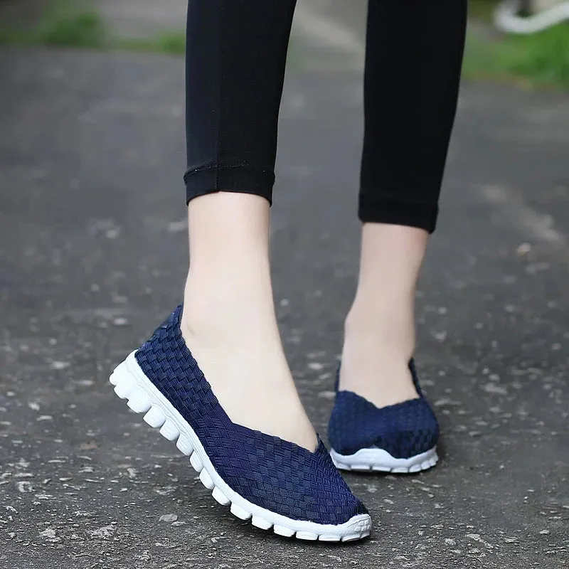 Women Shoes Summer Casual Flats Breathable Female Sneakers Woven Walking Shoes Slip On Ladies Loafers Handmade Shoes Size 35-40