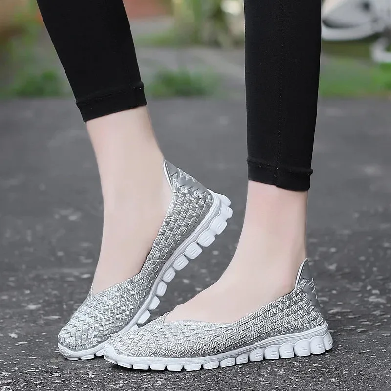 Women Shoes Summer Casual Flats Breathable Female Sneakers Woven Walking Shoes Slip On Ladies Loafers Handmade Shoes Size 35-40