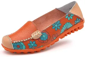 Women's Comfortable Leather Floral Print Flats Walking Shoes for Women