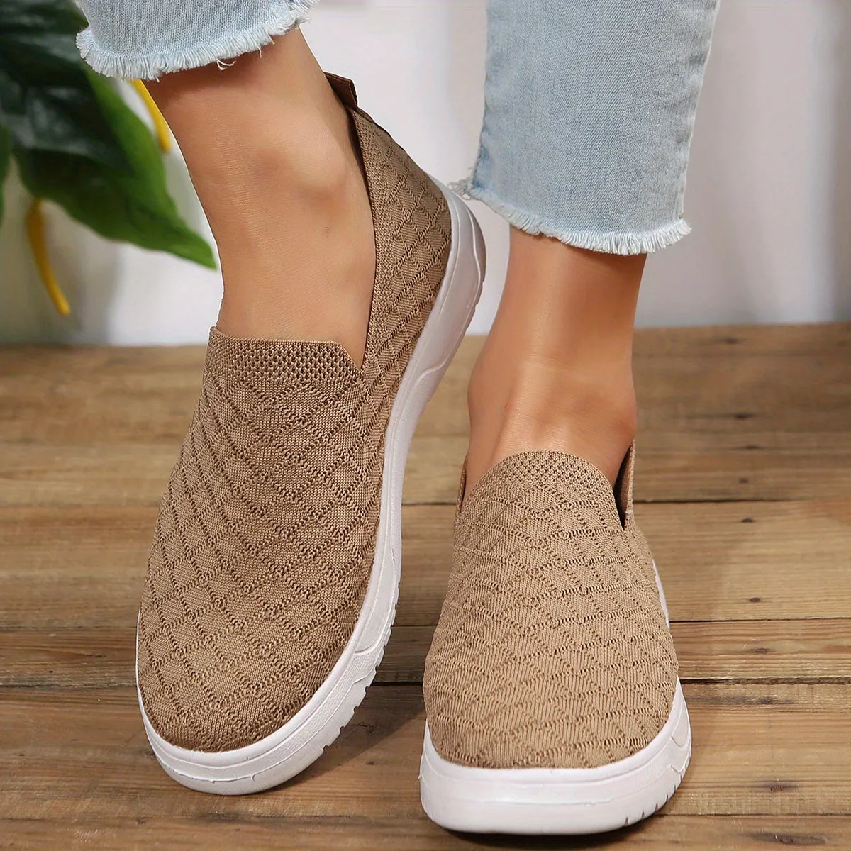 Women's Knit Flat Loafers, Casual &amp; Breathable Slip On Walking Sneakers, Low Top Sneakers SE1028