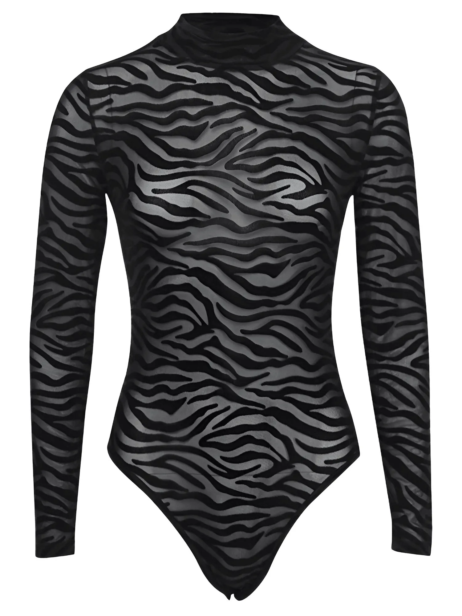 Women's Tiger Print Transparent Bodysuit Black Sexy Mock Neck Long Sleeve Bodysuit Slim