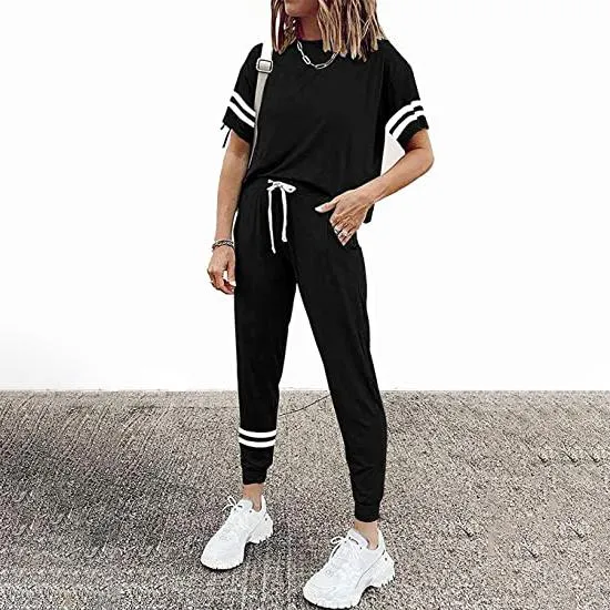 Women's Two Piece Outfits Casual Tracksuits Short Sleeve Sweatsuits with Pockets