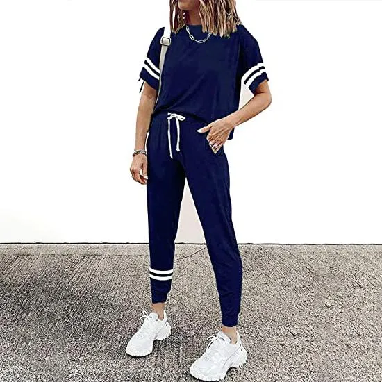 Women's Two Piece Outfits Casual Tracksuits Short Sleeve Sweatsuits with Pockets