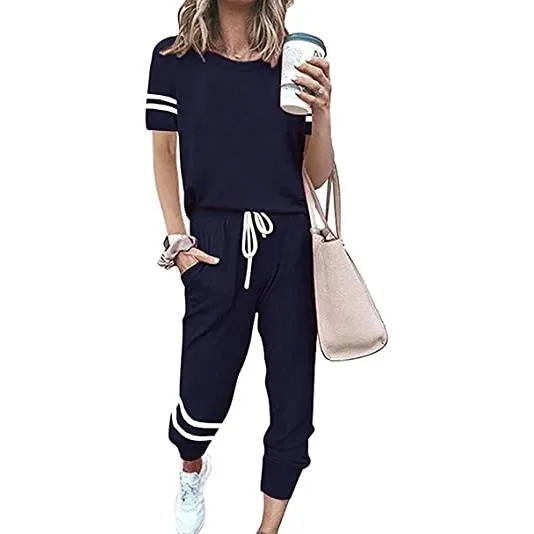 Women's Two Piece Outfits Casual Tracksuits Short Sleeve Sweatsuits with Pockets