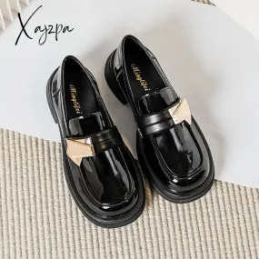 Xajzpa - 2023 spring new women's leather shoes British style Black loafers Fashionable metal decoration Party and work Casual shoes