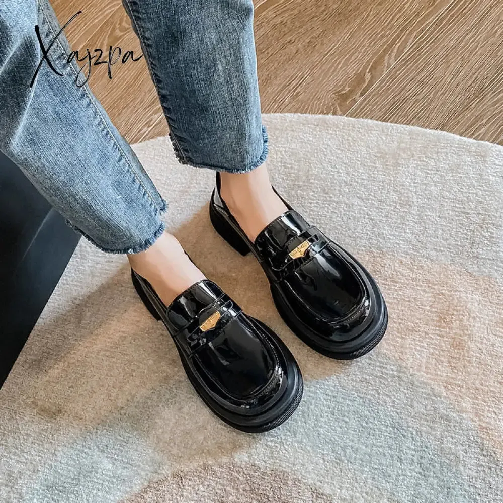 Xajzpa - 2023 spring new women's loafers High heel Black leather shoes Fashionable metal decoration Party and commuter wear Large size 43