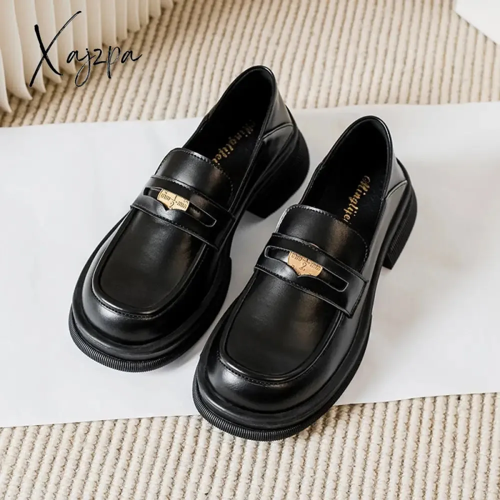 Xajzpa - 2023 spring new women's loafers High heel Black leather shoes Fashionable metal decoration Party and commuter wear Large size 43