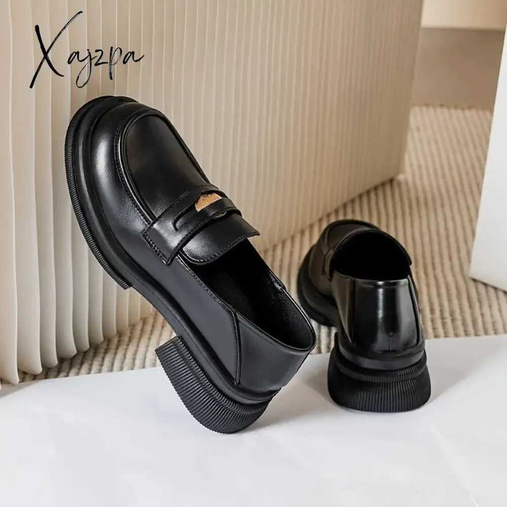 Xajzpa - 2023 spring new women's loafers High heel Black leather shoes Fashionable metal decoration Party and commuter wear Large size 43