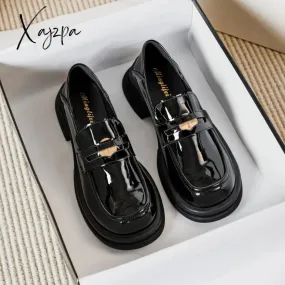 Xajzpa - 2023 spring new women's loafers High heel Black leather shoes Fashionable metal decoration Party and commuter wear Large size 43