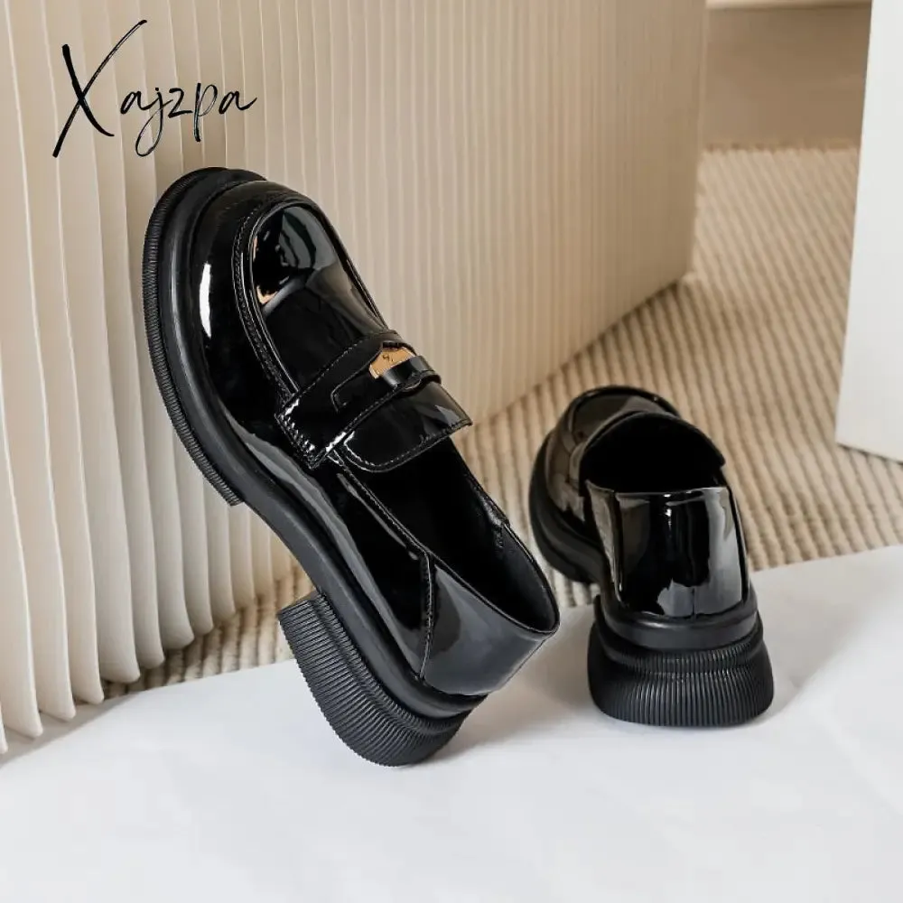 Xajzpa - 2023 spring new women's loafers High heel Black leather shoes Fashionable metal decoration Party and commuter wear Large size 43