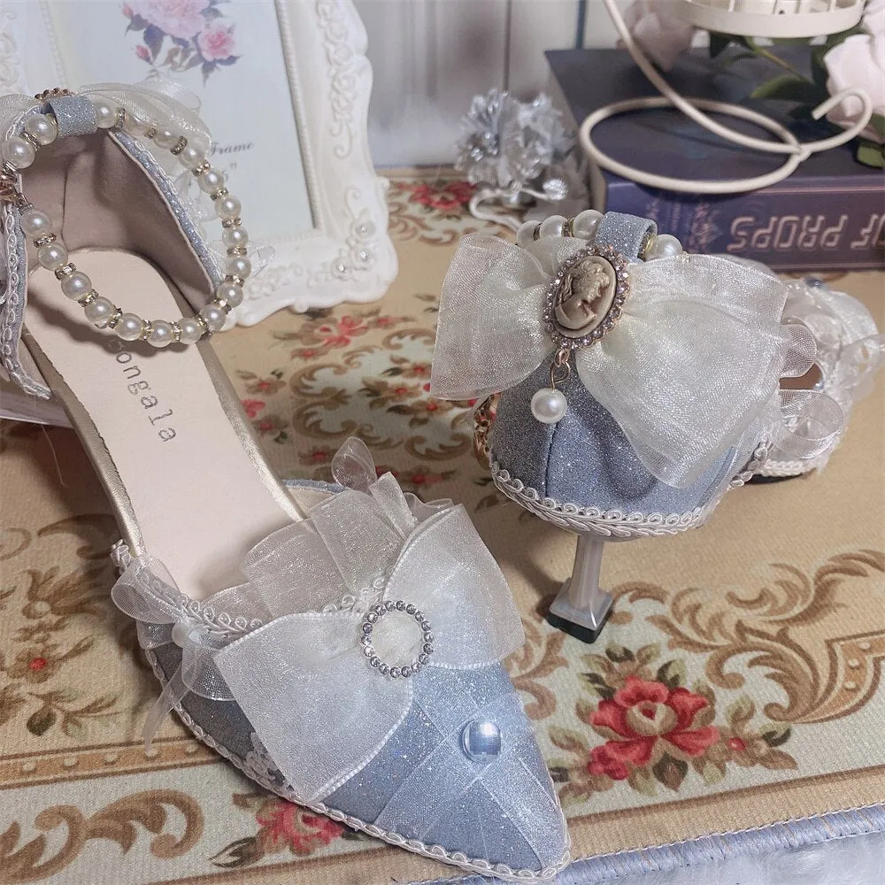 xiangtuibao Pearl Chain Sweet Lace Bowknot Elegant Princess  Pointed Sandals Lolita Shoes Silver Wedding Tea Party Cosplay Lolita Shoes